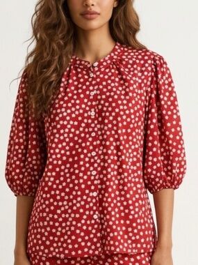 Red daisy printed button down blouse - 3XL